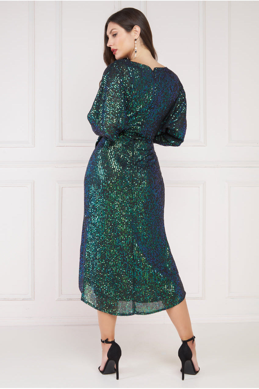 Goddiva Wrap Style Sequin Midi Dress - Emerald