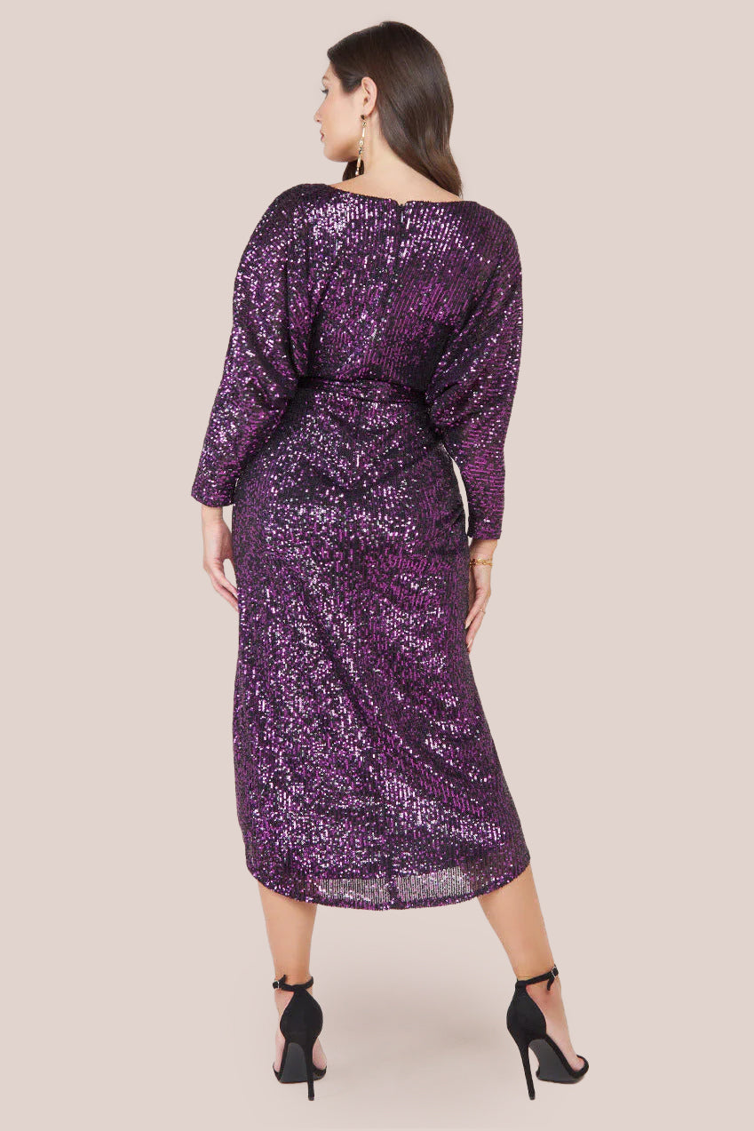 Goddiva Wrap Style Sequin Midi Dress - Purple