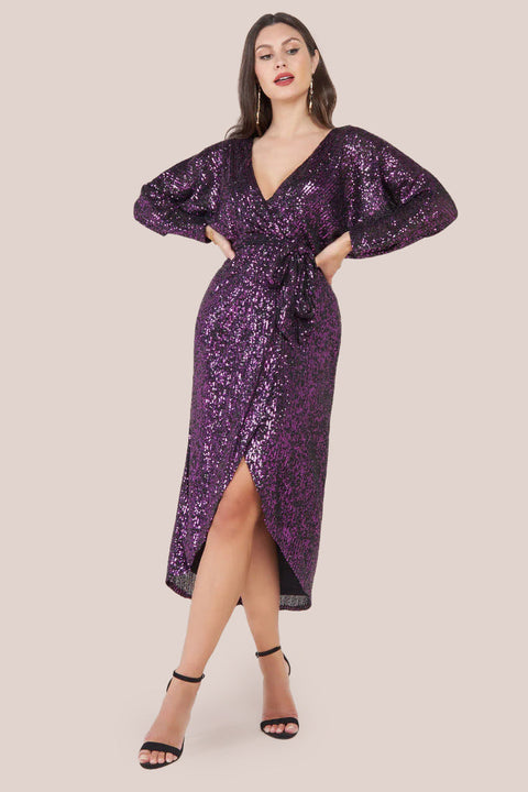 Goddiva Wrap Style Sequin Midi Dress - Purple