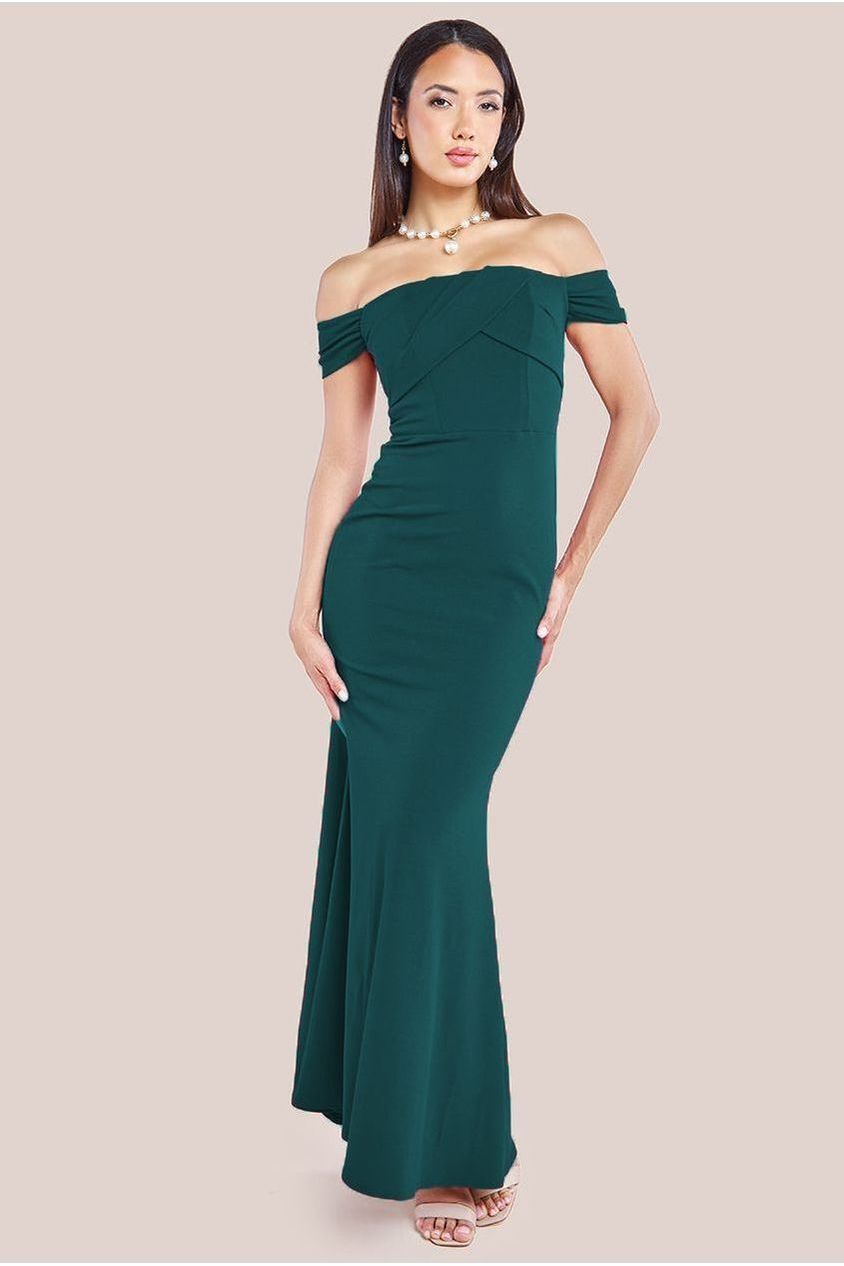 Goddiva Pleated Bardot Scuba Maxi Dress - Emerald Green