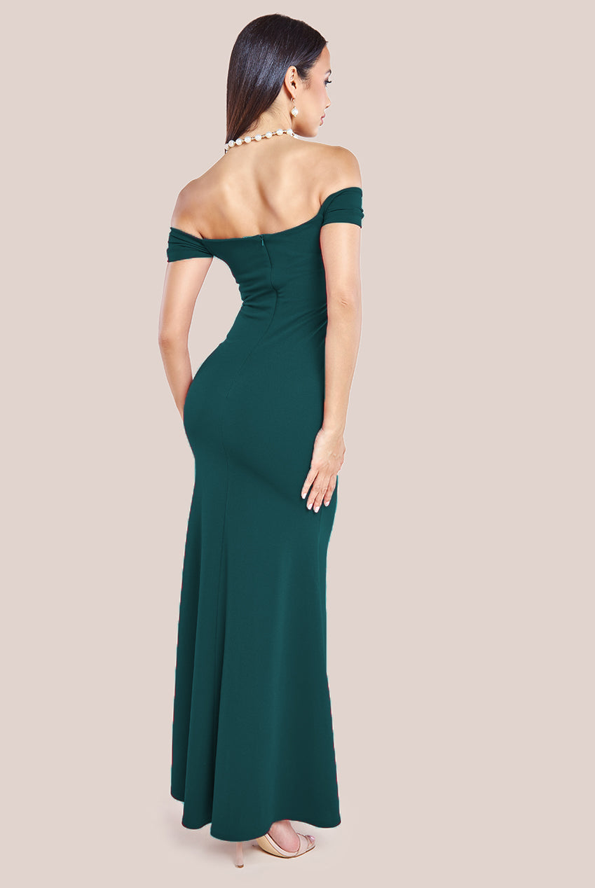 Goddiva Pleated Bardot Scuba Maxi Dress - Emerald Green