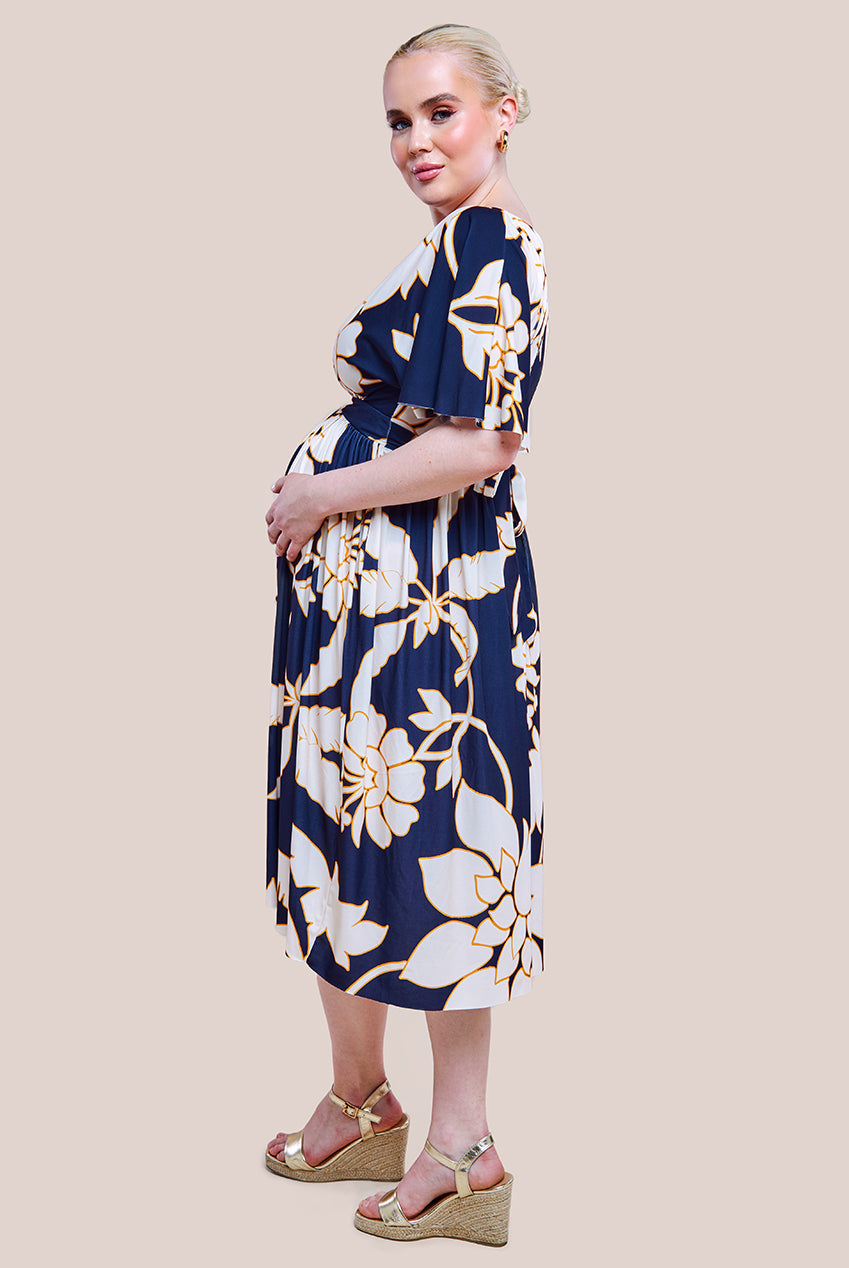 Goddiva Maternity Leaf Print Flutter Sleeve Midi Dress - Navy