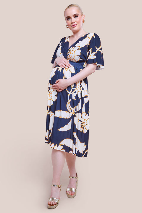 Goddiva Maternity Leaf Print Flutter Sleeve Midi Dress - Navy