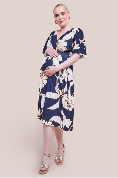 Navy - Goddiva Maternity Leaf Print Flutter Sleeve Midi Dress - Navy