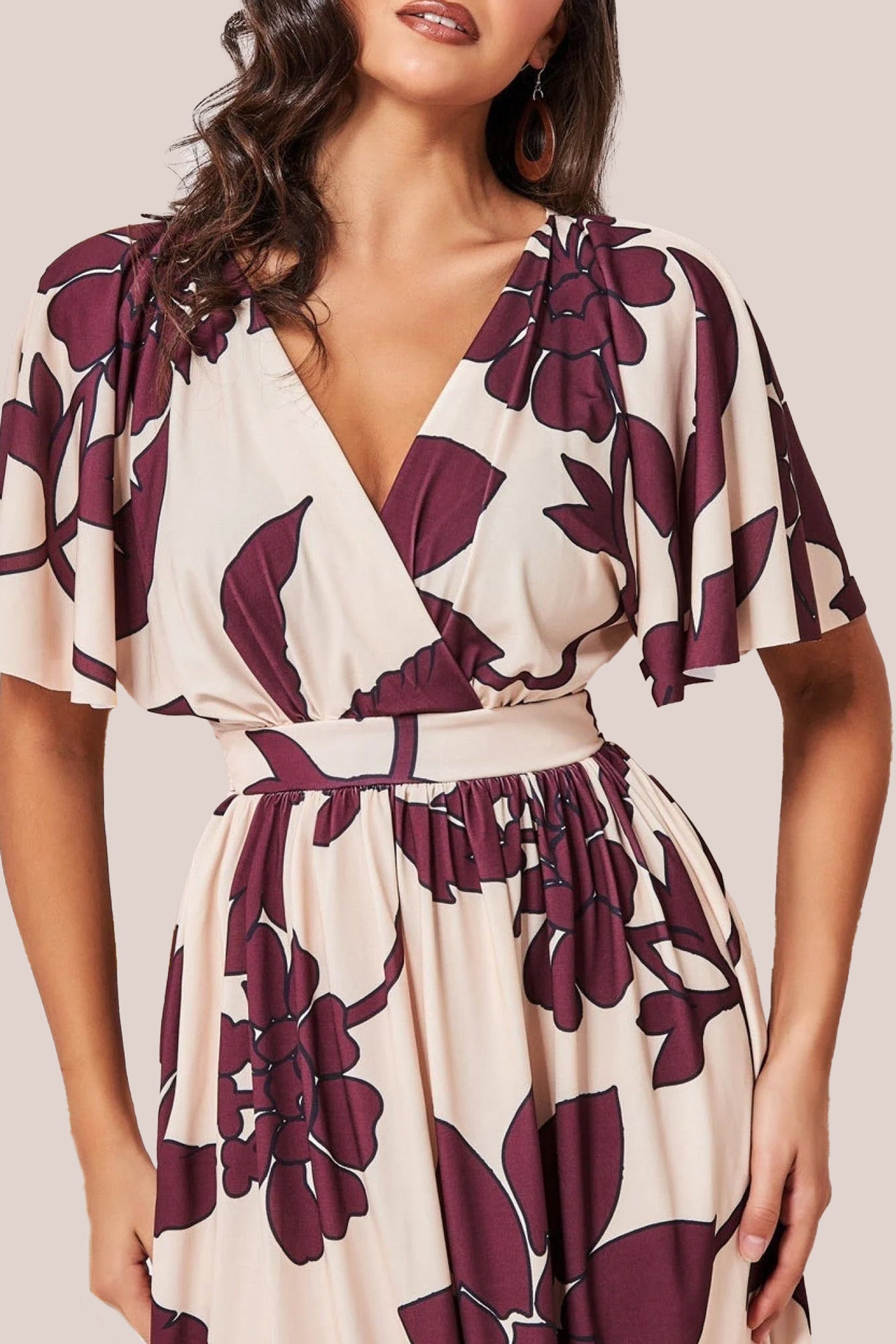 Goddiva Leaf Print Flutter Sleeve Midi - Cream