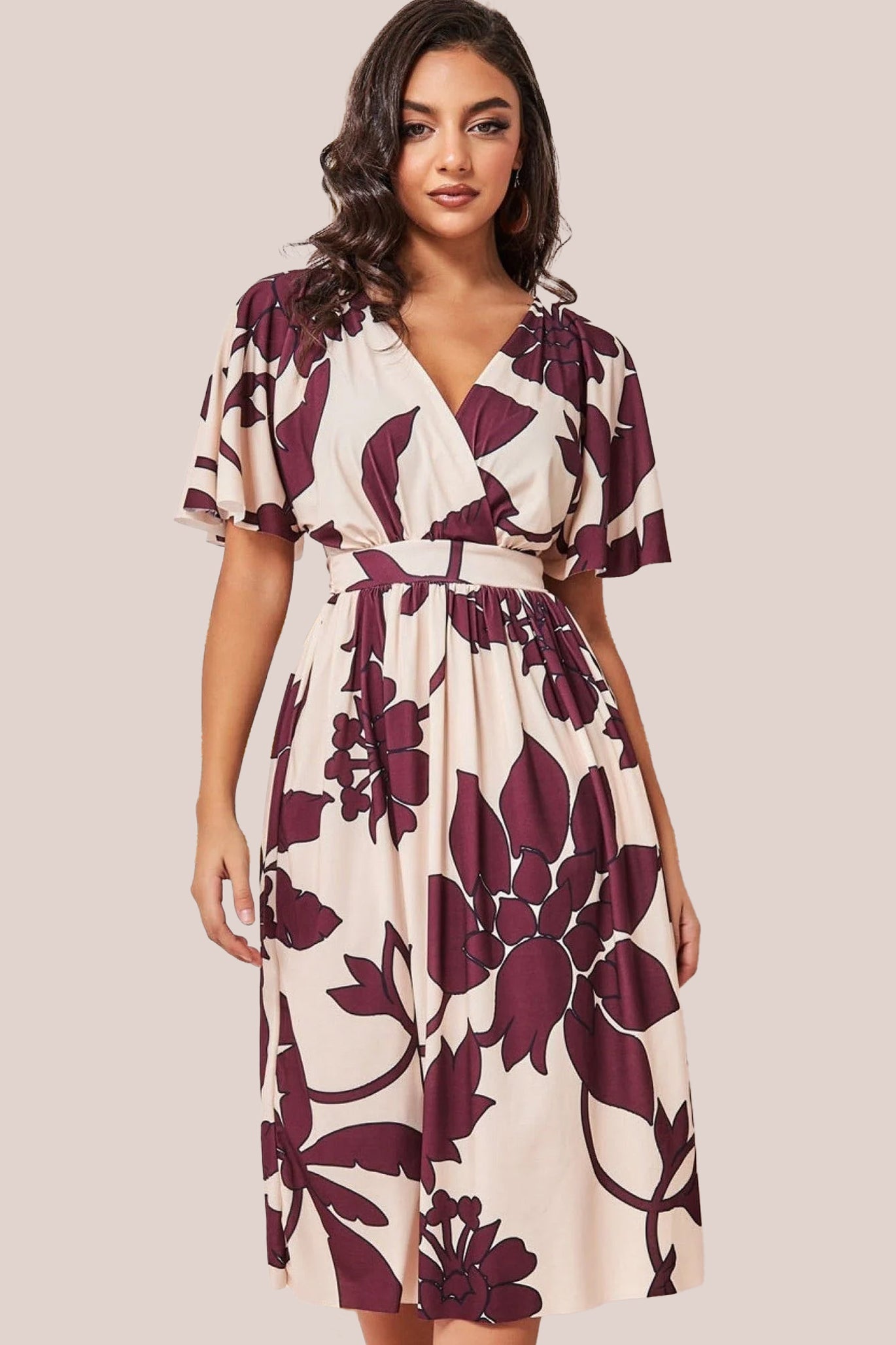 Goddiva Leaf Print Flutter Sleeve Midi - Cream