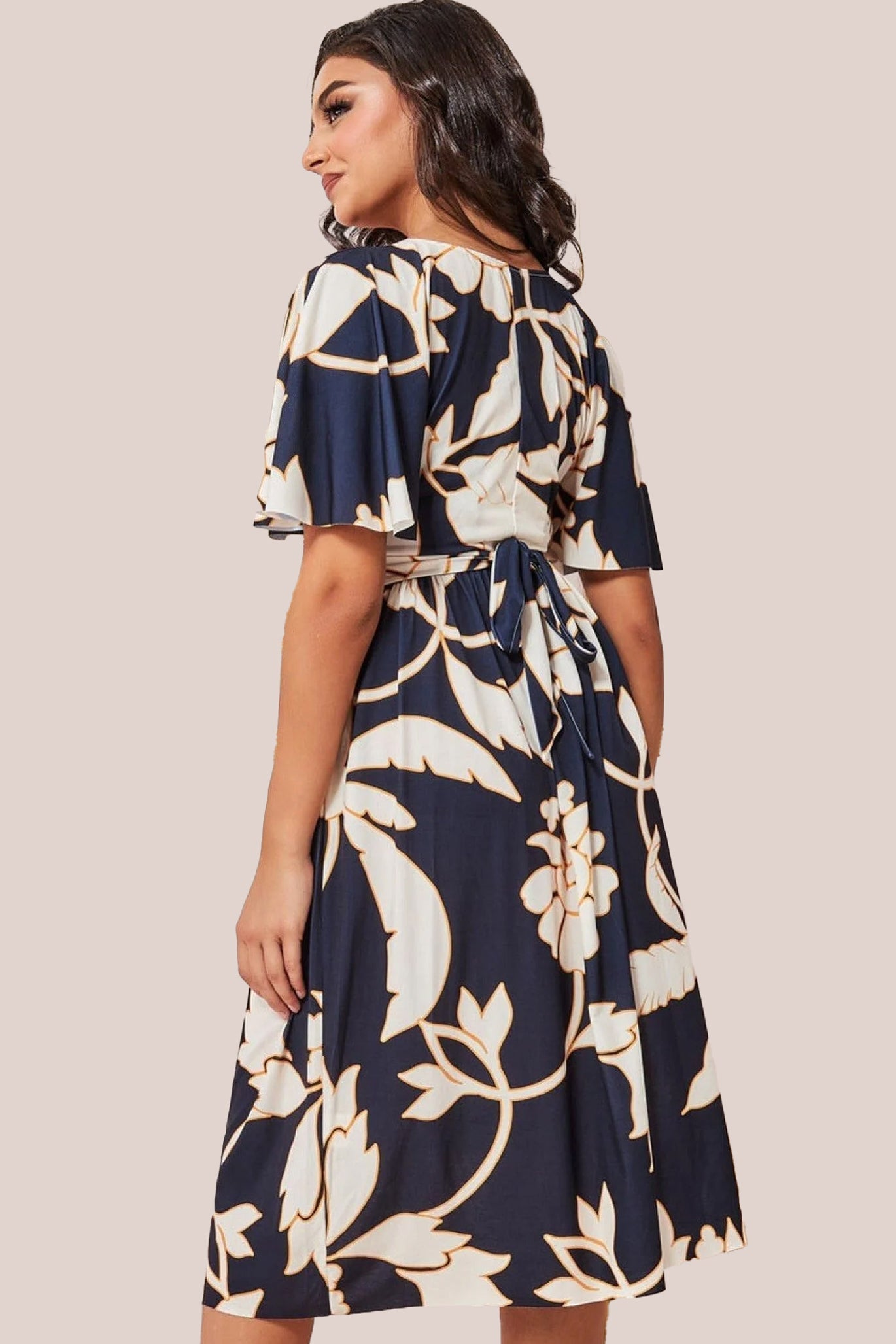 Goddiva Leaf Print Flutter Sleeve Midi - Navy