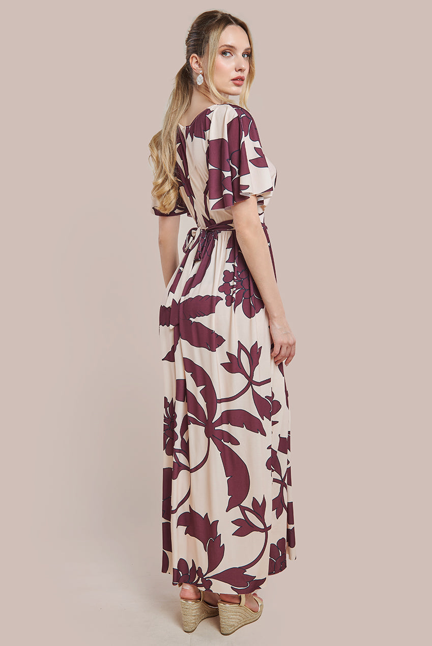 Goddiva Leaf Print Flutter Sleeve Maxi Dress - Cream