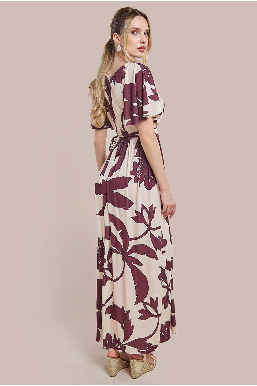 Goddiva Leaf Print Flutter Sleeve Maxi Dress - Cream