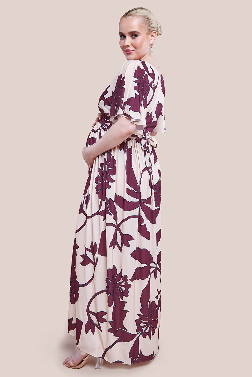 Goddiva Maternity Leaf Print Flutter Sleeve Maxi Dress - Cream