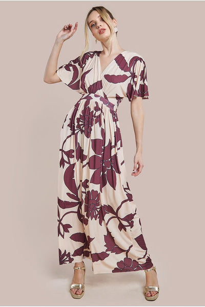 Cream - Goddiva Leaf Print Flutter Sleeve Maxi Dress - Cream