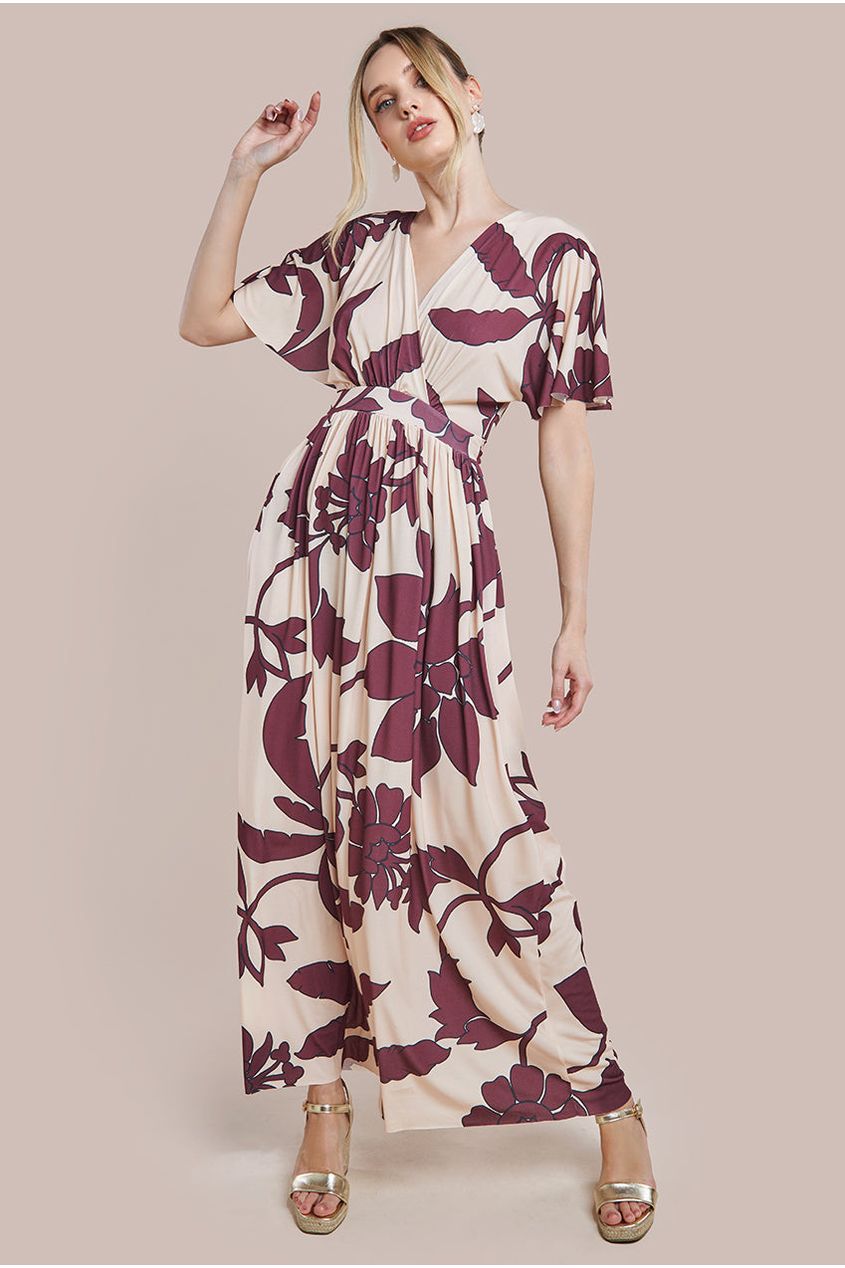 Goddiva Leaf Print Flutter Sleeve Maxi Dress - Cream