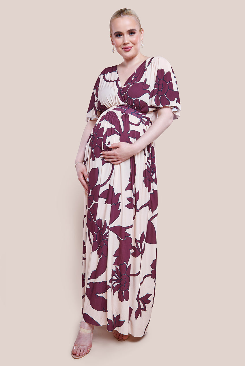 Goddiva Maternity Leaf Print Flutter Sleeve Maxi Dress - Cream