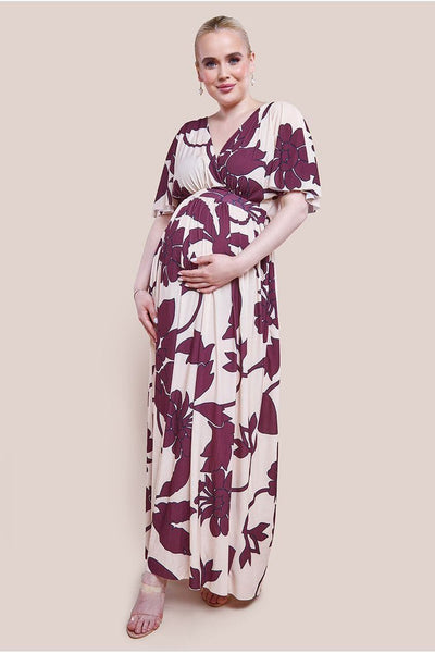 Cream - Goddiva Maternity Leaf Print Flutter Sleeve Maxi Dress - Cream