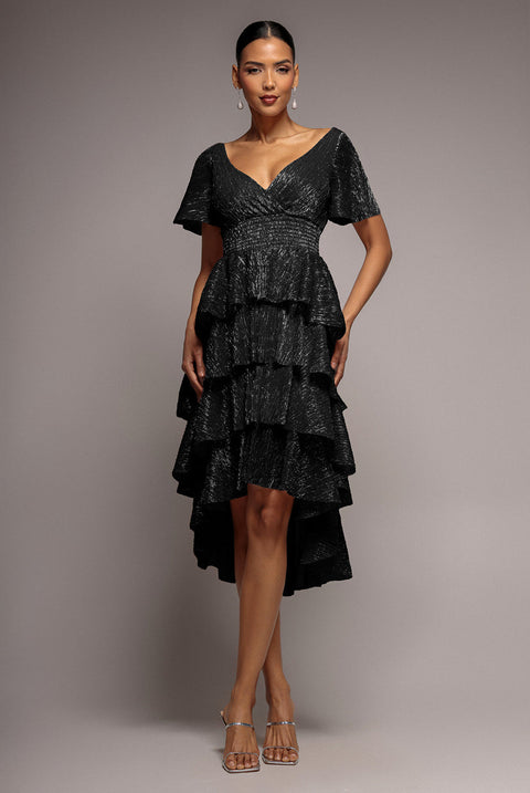 Goddiva Crinkle Lurex High Low Layered Midi Dress - Black