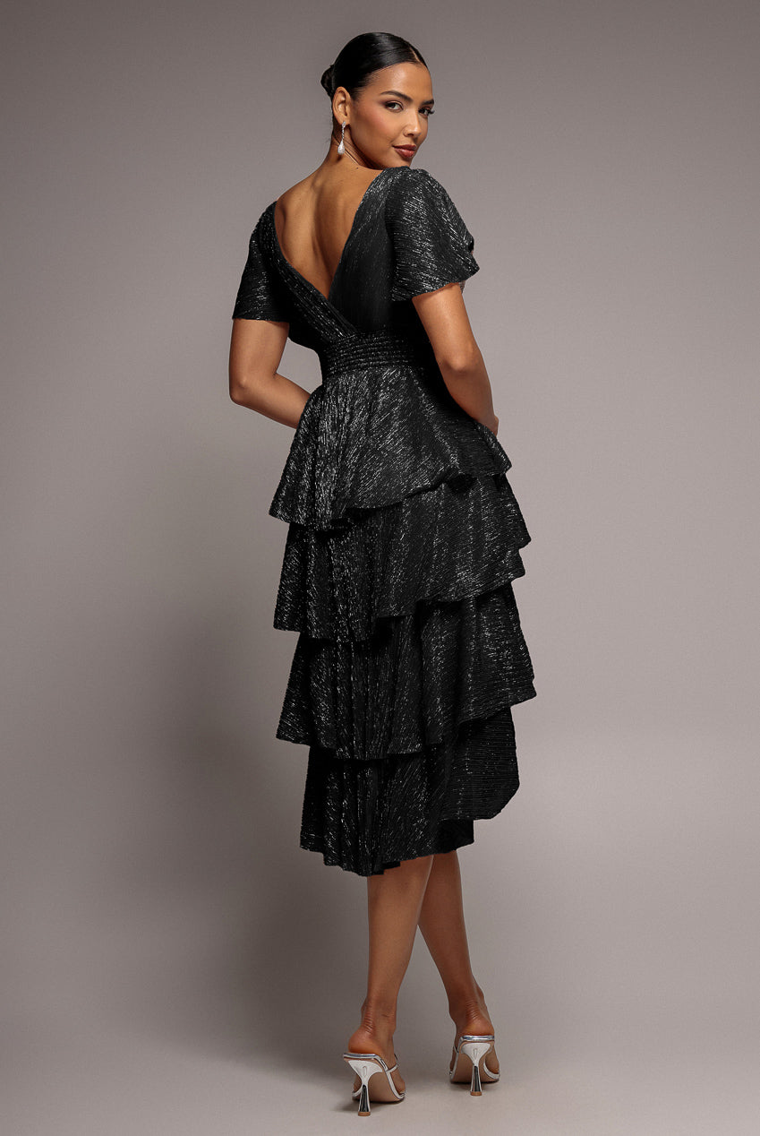 Goddiva Crinkle Lurex High Low Layered Midi Dress - Black