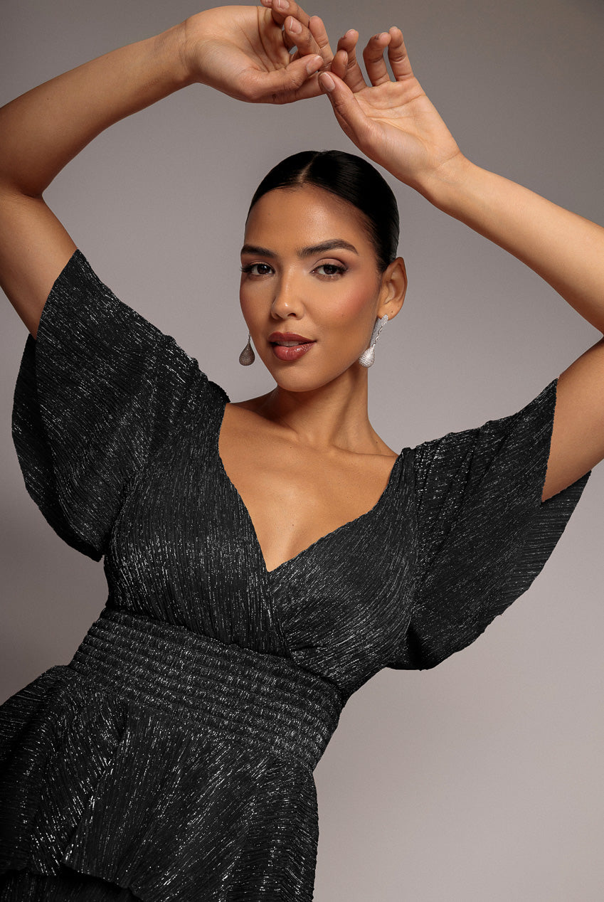 Goddiva Crinkle Lurex High Low Layered Midi Dress - Black