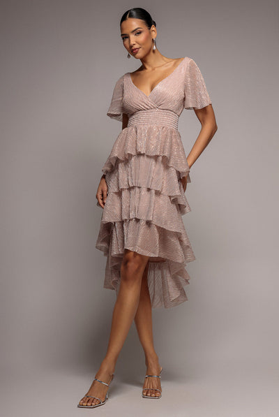Blush - Goddiva Crinkle Lurex High Low Layered Midi Dress - Blush