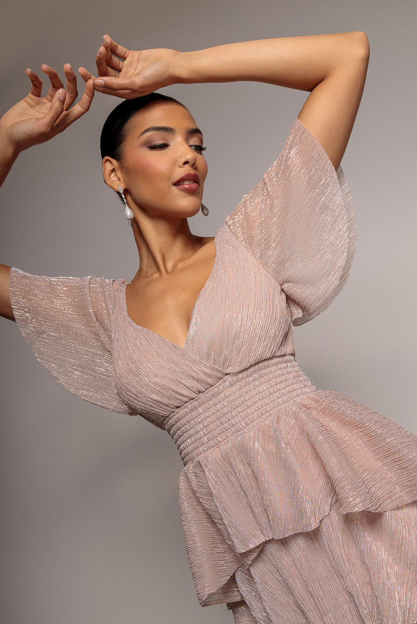 Goddiva Crinkle Lurex High Low Layered Midi Dress - Blush