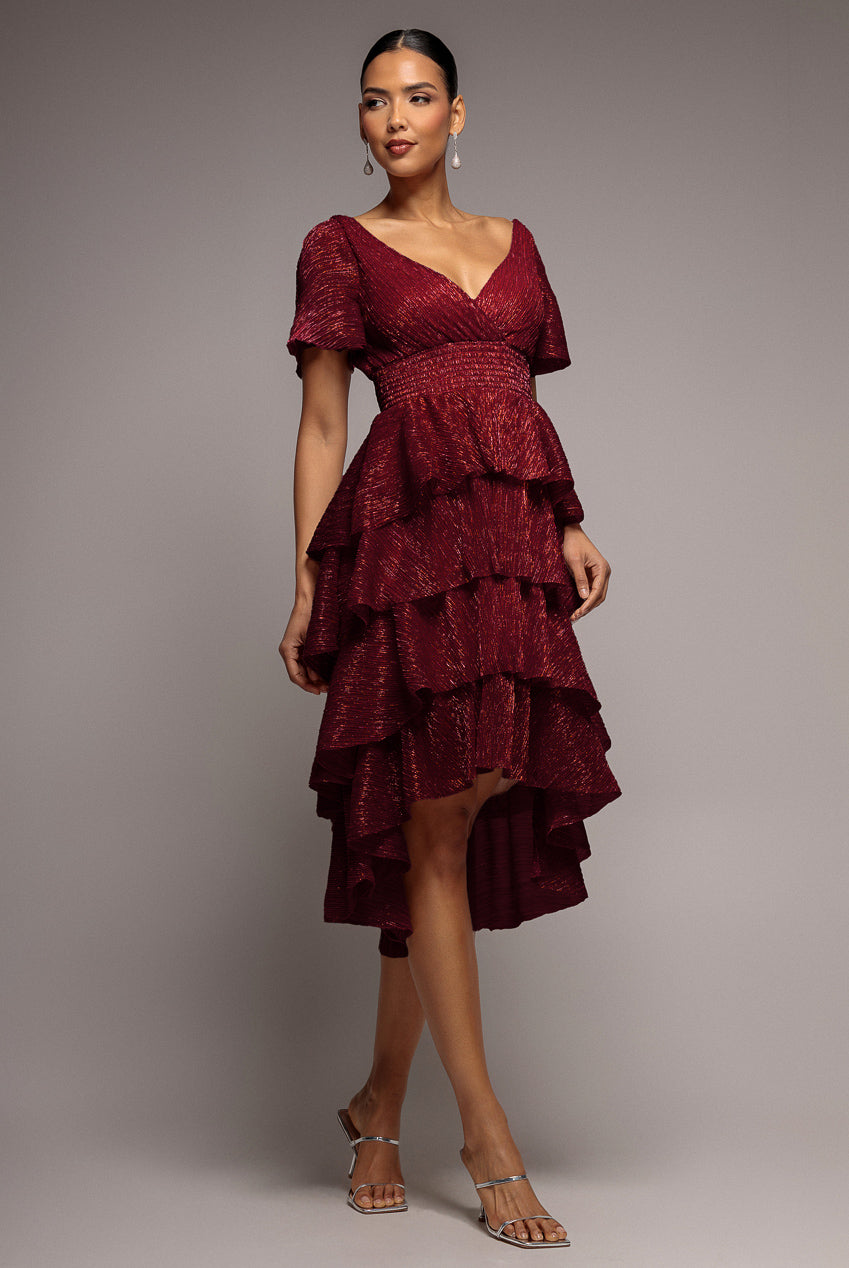 Goddiva Crinkle Lurex High Low Layered Midi Dress - Wine
