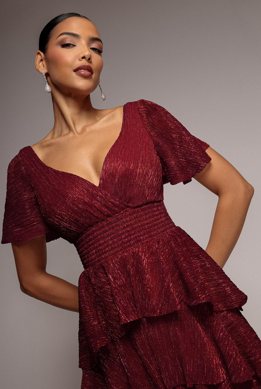 midi dress crinkle Crinkle Lurex High Low Layered Midi Dress - Wine