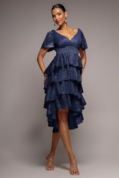 Goddiva Crinkle Lurex High Low Layered Midi Dress - Navy
