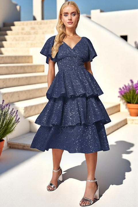 Goddiva Sequin Lurex Tiered Midi Dress - Navy