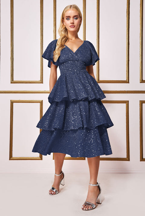 Goddiva Sequin Lurex Tiered Midi Dress - Navy