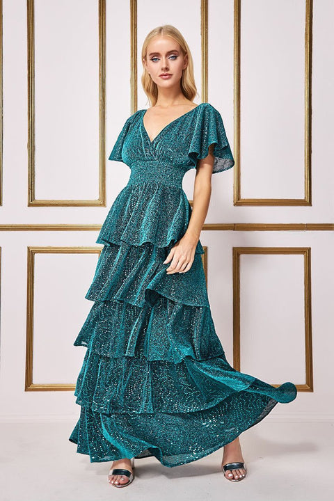 Goddiva Sequin Lurex Tiered Maxi Dress - Teal Blue