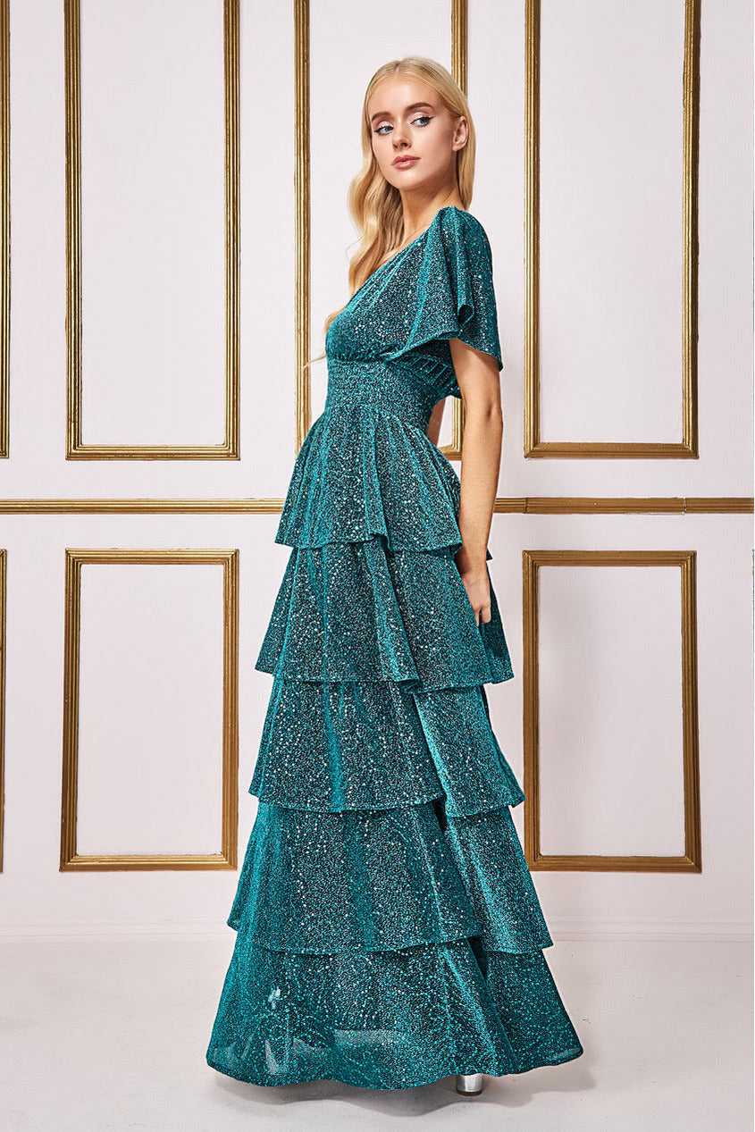 Goddiva Sequin Lurex Tiered Maxi Dress - Teal Blue