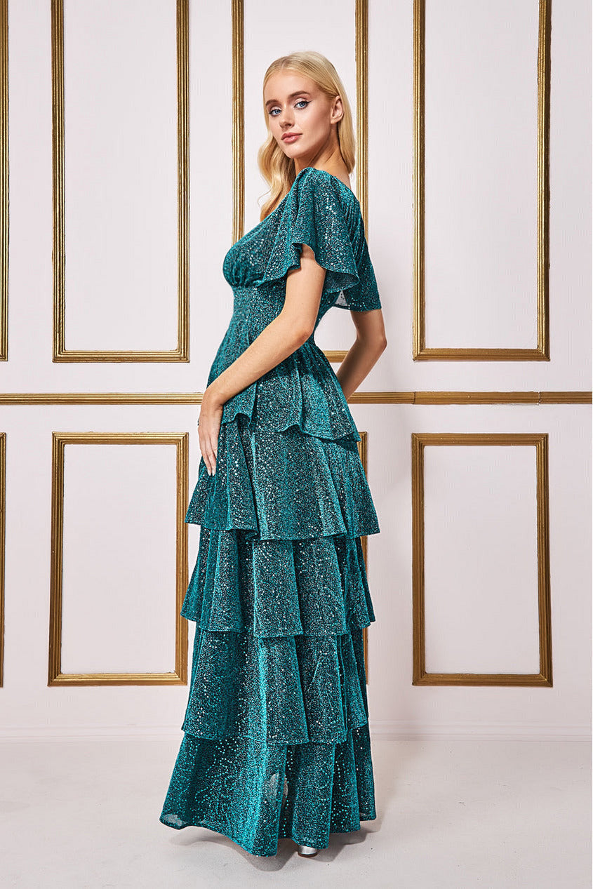 Goddiva Sequin Lurex Tiered Maxi Dress - Teal Blue