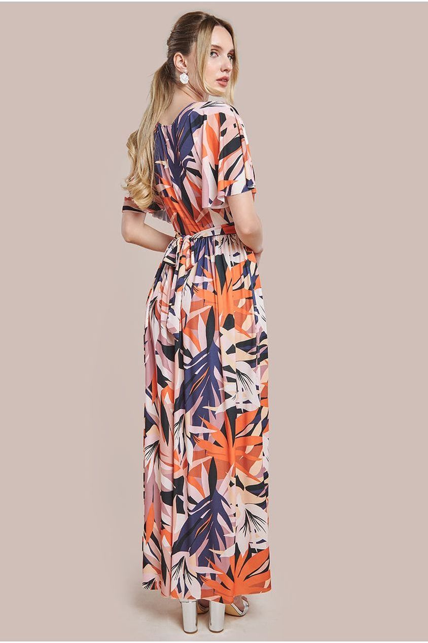 Goddiva Floral Print Flutter Sleeve Maxi - Orange Print