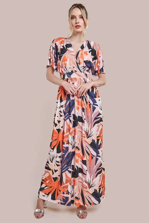 Goddiva Floral Print Flutter Sleeve Maxi - Orange Print