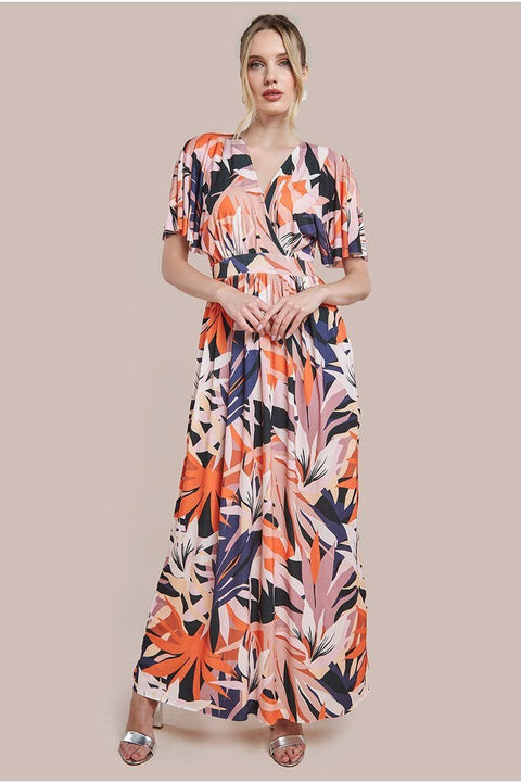 Goddiva Floral Print Flutter Sleeve Maxi - Orange Print