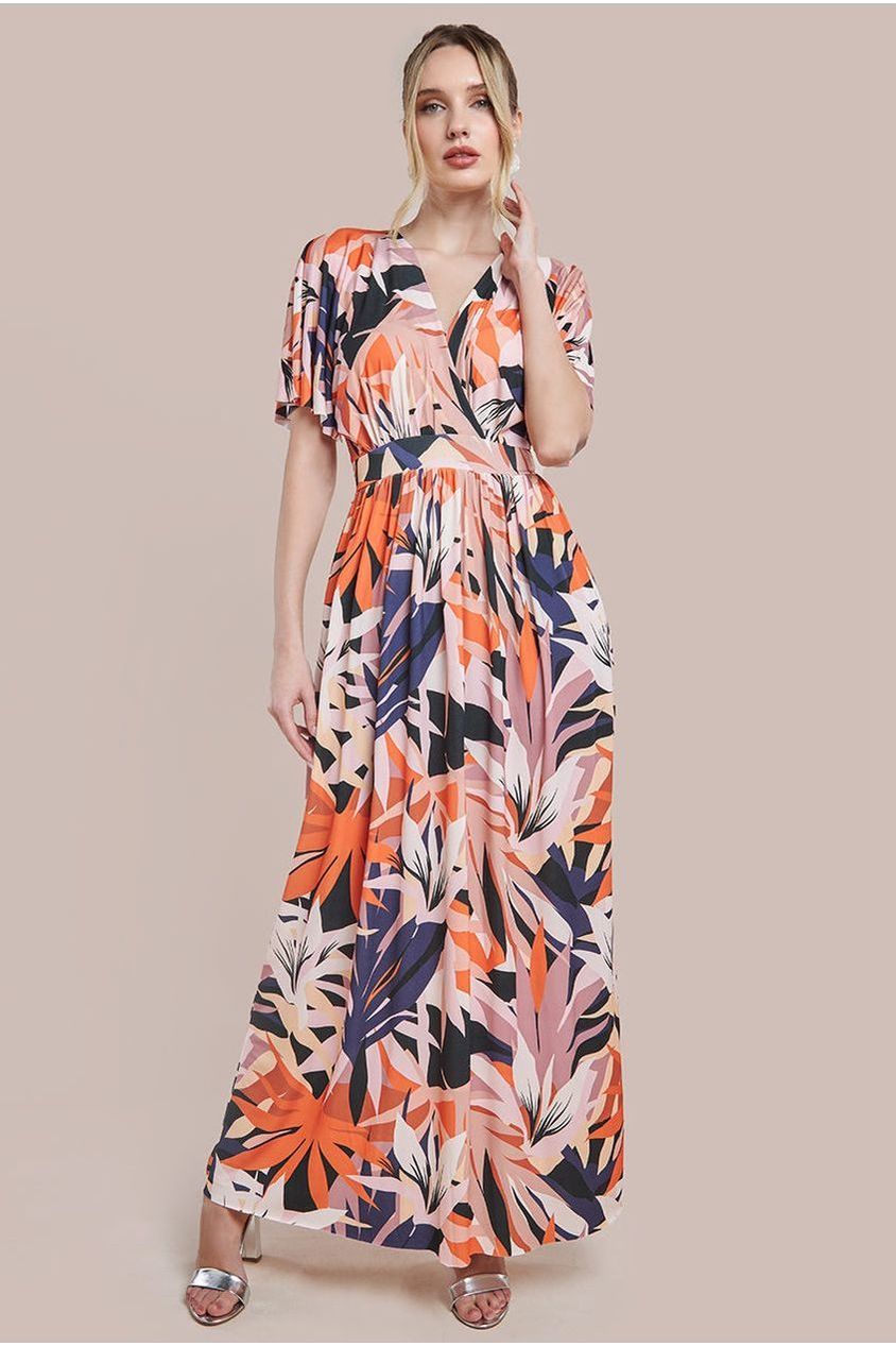 Goddiva Floral Print Flutter Sleeve Maxi - Orange Print