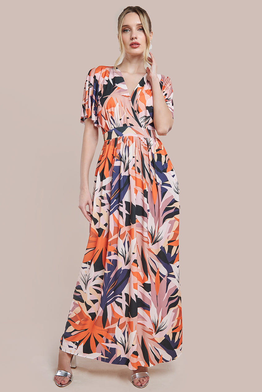 Goddiva Floral Print Flutter Sleeve Maxi - Orange Print