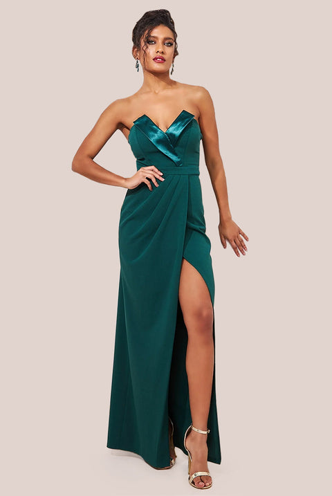 Goddiva Satin & Scuba Maxi With Thigh Split - Emerald