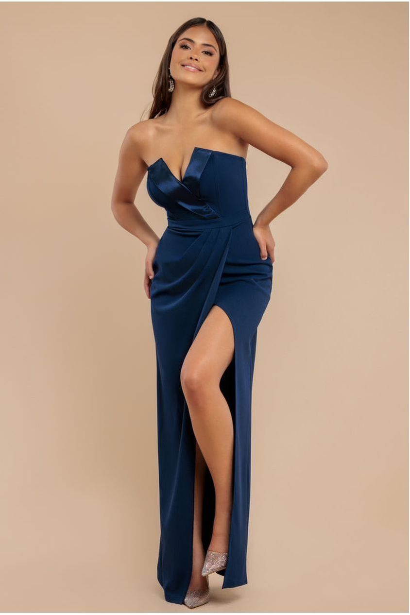 Goddiva Satin & Scuba Maxi With Thigh Split - Navy
