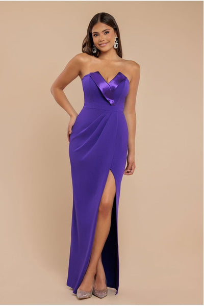Purple - Goddiva Satin & Scuba Maxi With Thigh Split - Purple