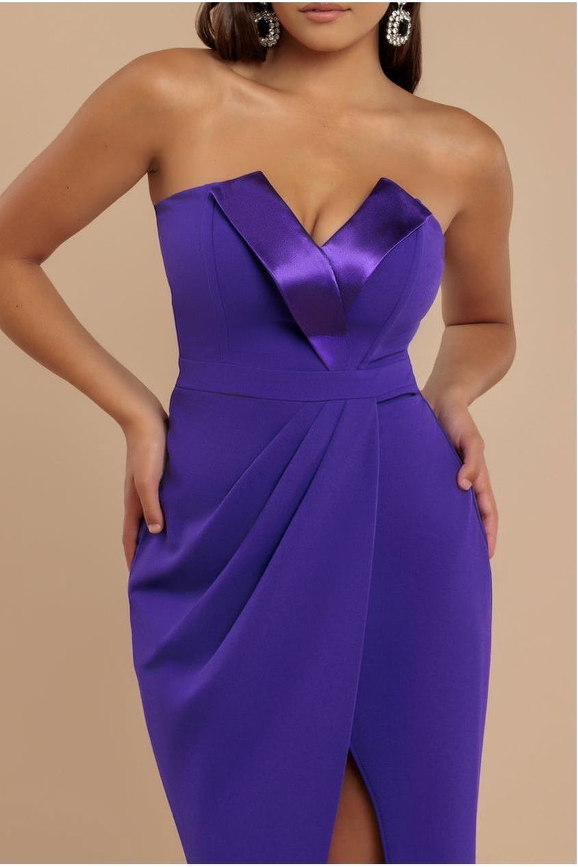 Goddiva Satin & Scuba Maxi With Thigh Split - Purple