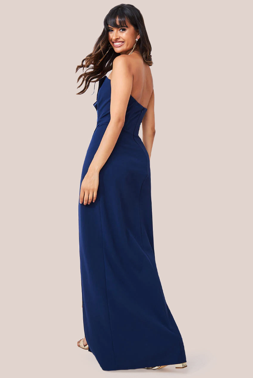 Goddiva Satin & Scuba Maxi With Thigh Split - Navy