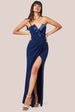 Goddiva Satin & Scuba Maxi With Thigh Split - Navy