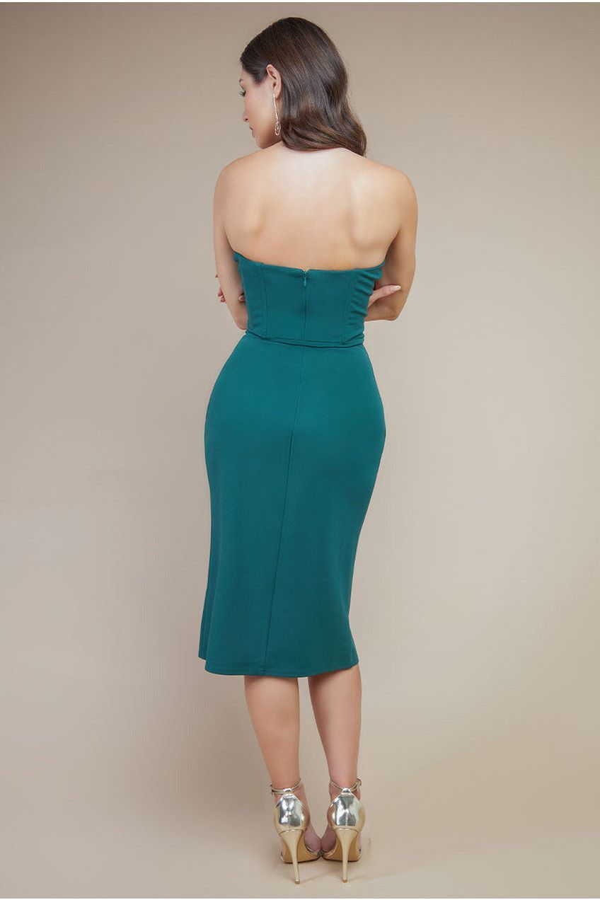 Goddiva Satin Collar Scuba Midi Dress - Emerald Green