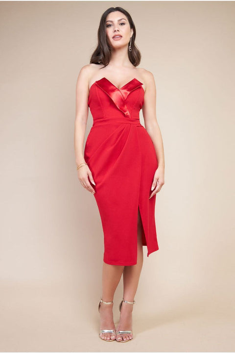 Goddiva Satin Collar Scuba Midi Dress - Red