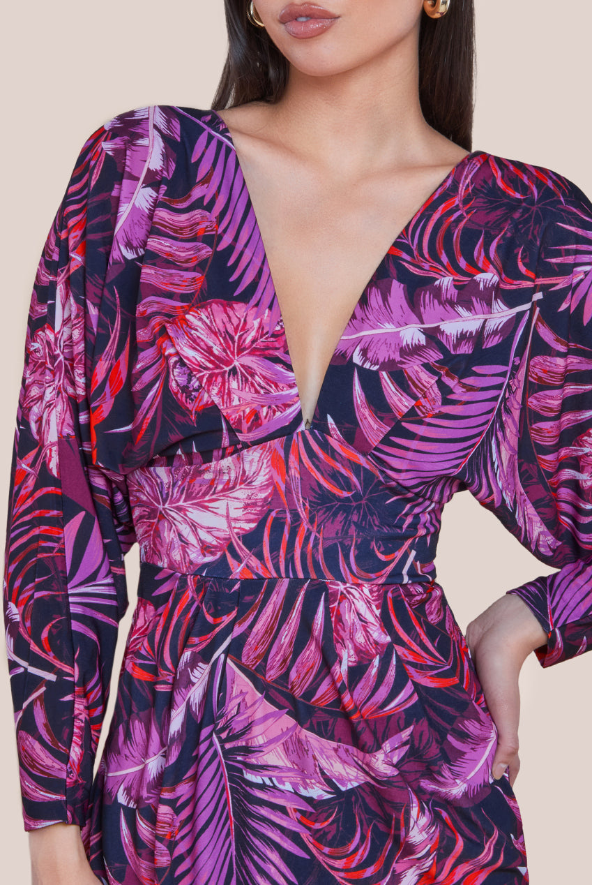 Goddiva Tropical Print Midi With Batwing Sleeves - Purple