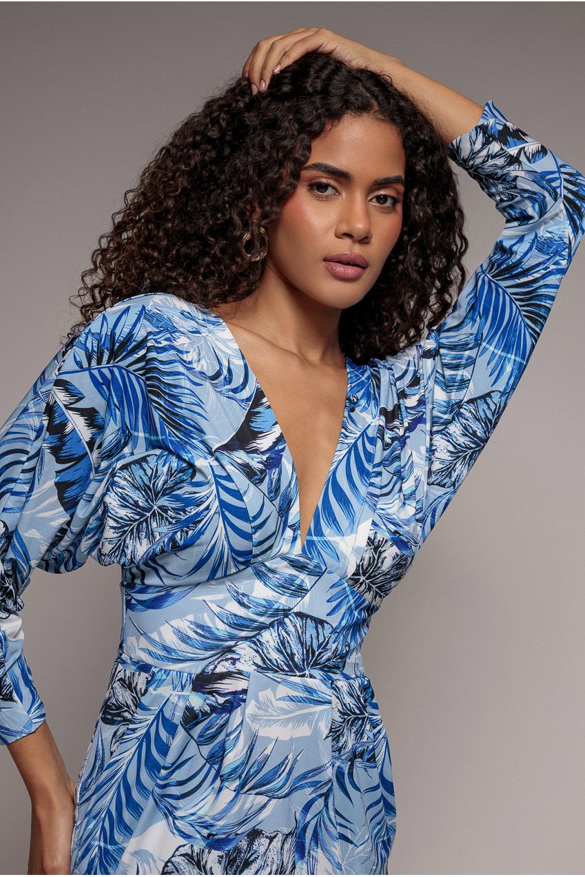 Goddiva Tropical Print Midi With Batwing Sleeves - Blue