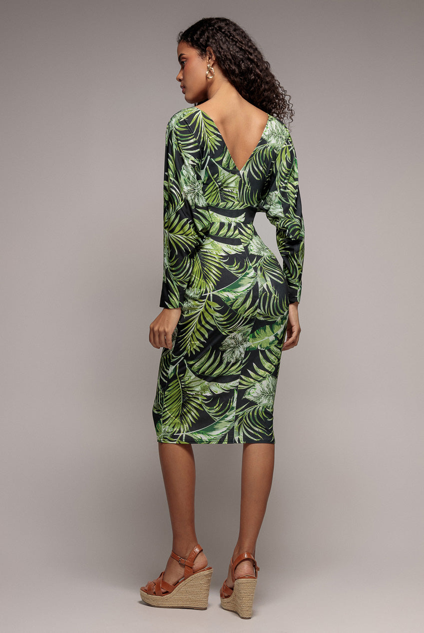 Goddiva Tropical Print Midi With Batwing Sleeves - Green