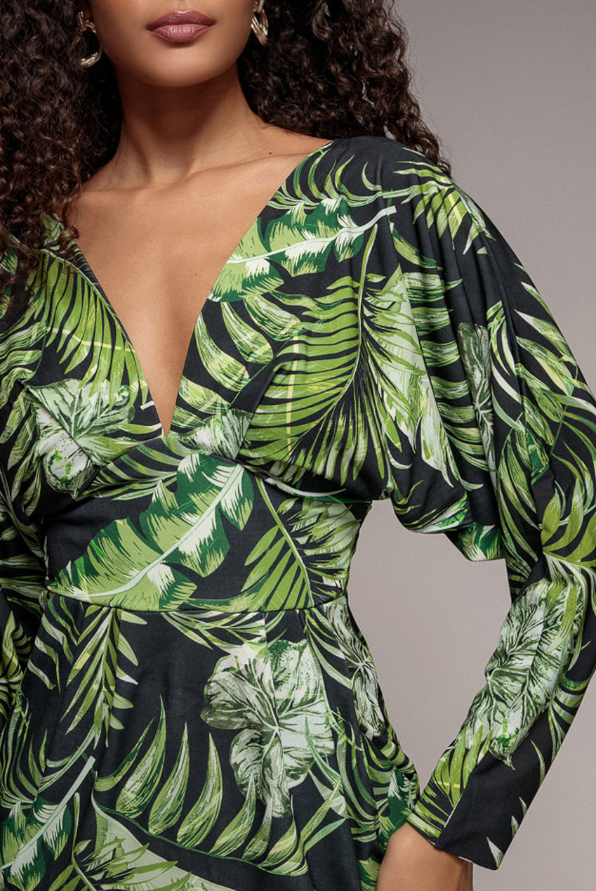 Goddiva Tropical Print Midi With Batwing Sleeves - Green