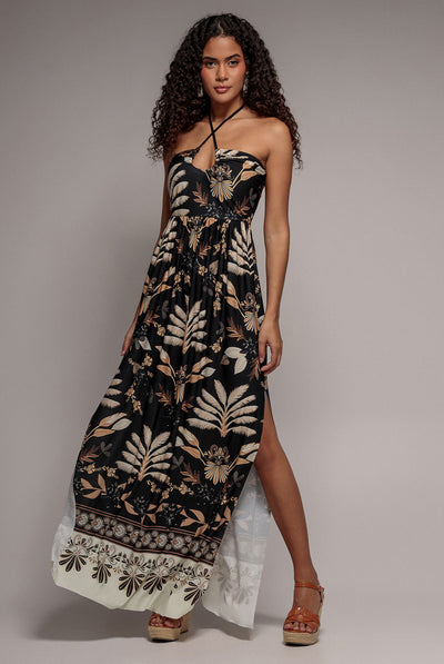 Black - Goddiva Printed Tie Back Maxi - Black