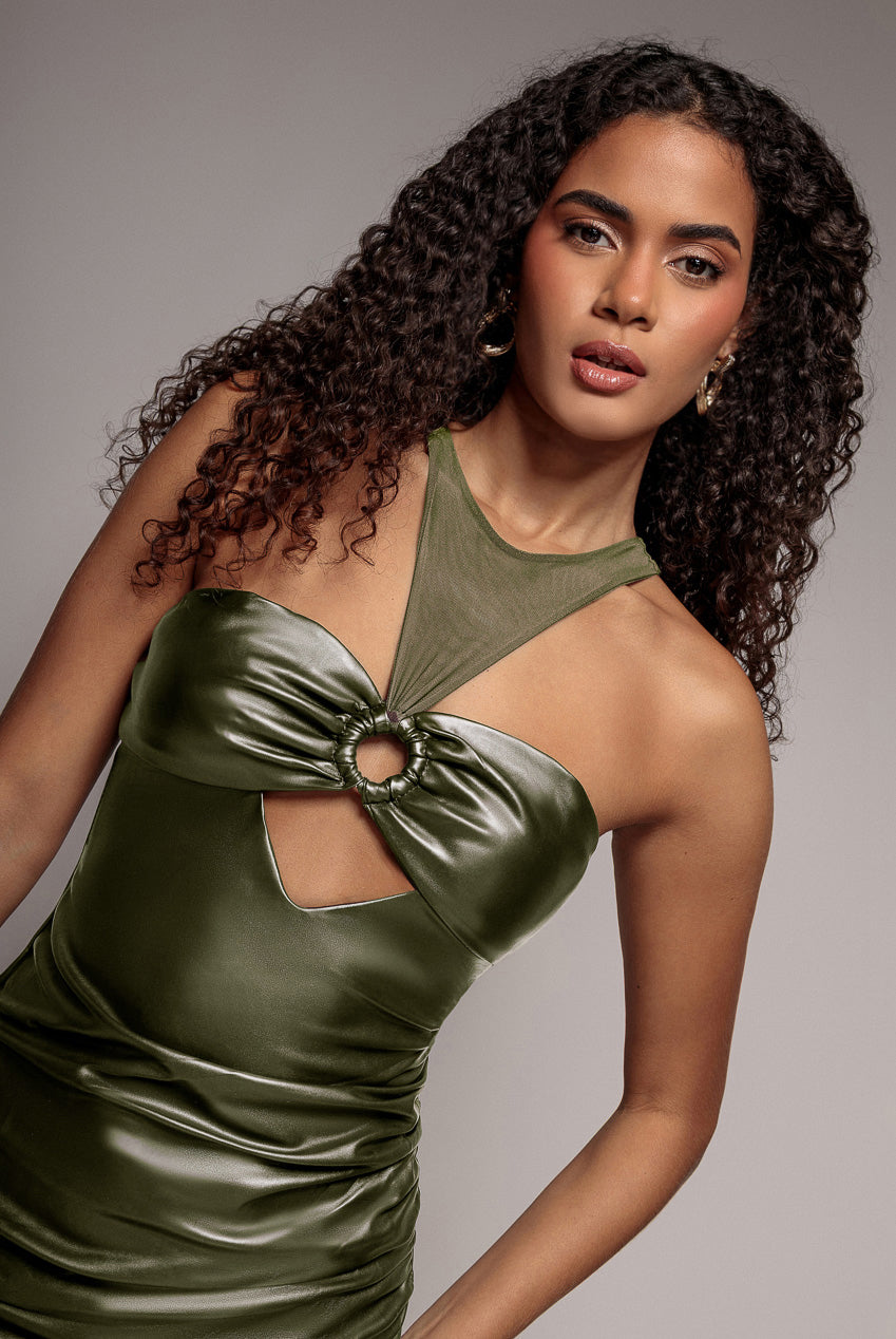 Goddiva Cut Out Faux Leather Mini Dress - Khaki